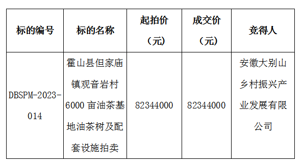 DBSPM-2023-014 霍山縣但家廟鎮(zhèn)觀音巖村6000畝油茶基地油茶樹(shù)及配套設(shè)施拍賣成交公示